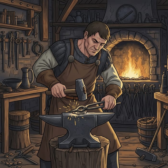 Medieval Blacksmith Crafting Metal: An Energetic Scene