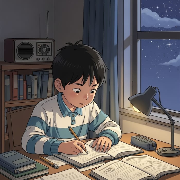 Boy Studying in Room with Night Sky Music Boy Studying in Room with Night Sky Music