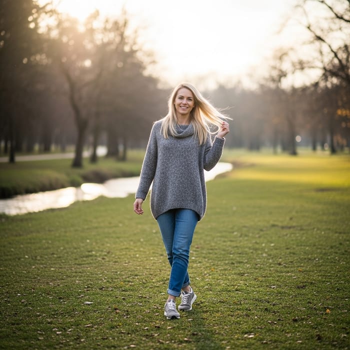Blonde Woman in Serene Park Setting | Tranquil Scene