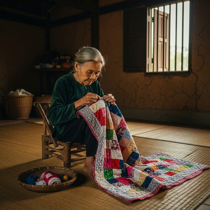 Elderly Vietnamese Woman Sewing Colorful Quilt | Vẽ bà tư