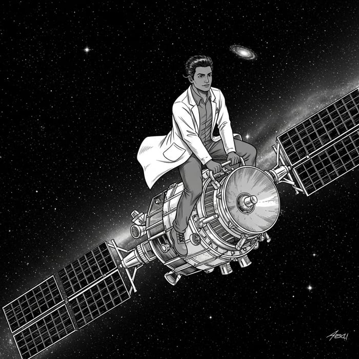 Gender-Neutral Researcher Riding Satellite in Space - Manga Style Gender-Neutral Researcher Riding Satellite in Space - Manga Style