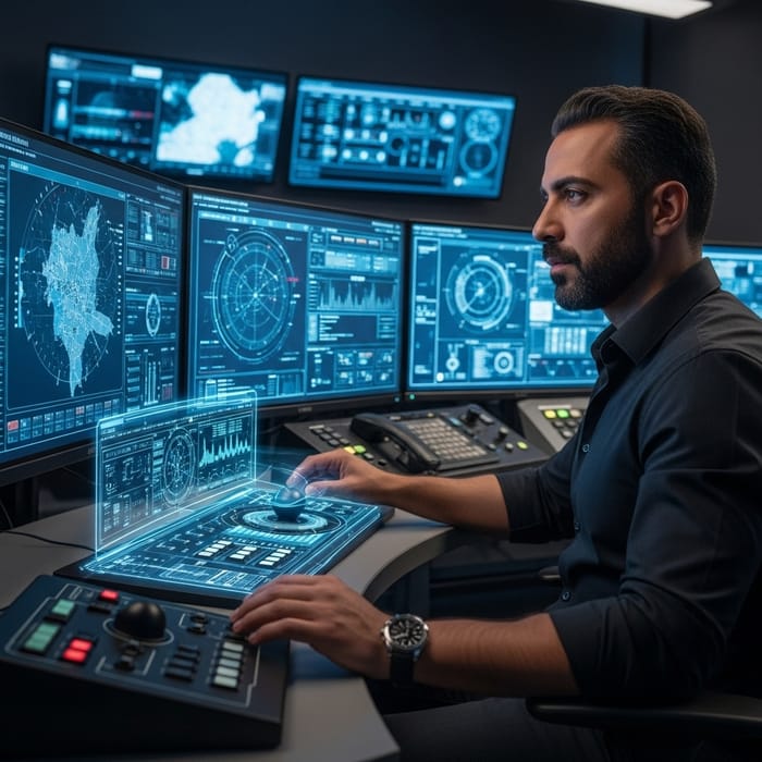 Man in Central Monitoring Multiple Screens Working Man in Central Monitoring Multiple Screens Working