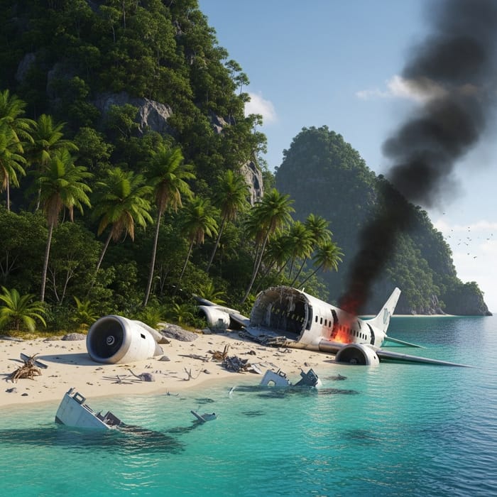 Plane Crash on Mysterious Island: A Haunting Scene