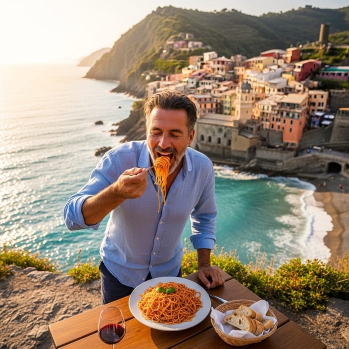 Italian Man Eating Spaghetti by the Sea