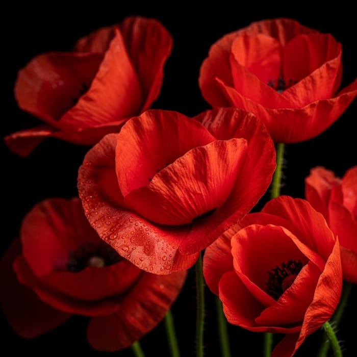 Vivid Red Flowers Against Black Background Vivid Red Flowers Against Black Background