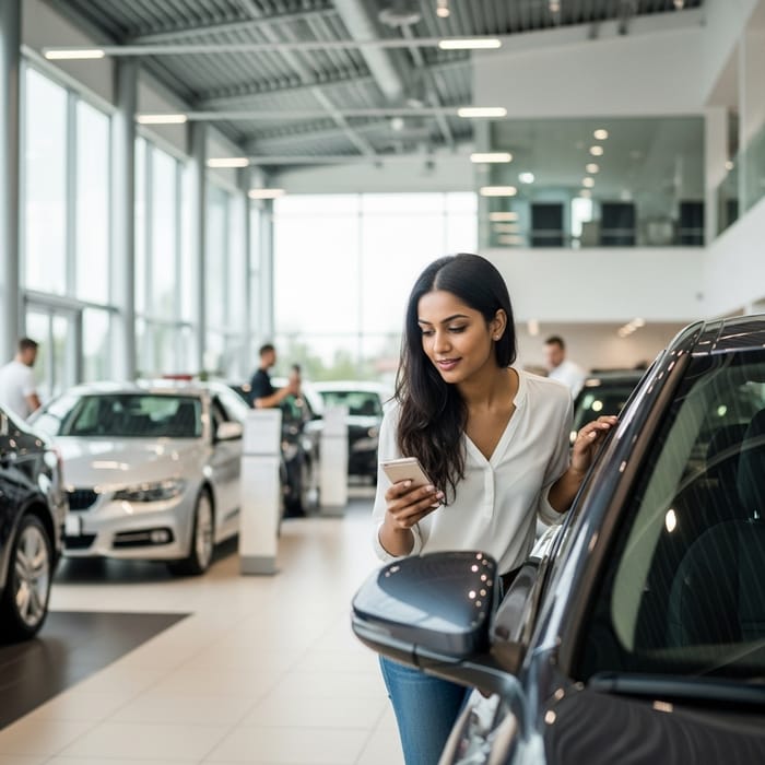 Young Woman in Car Dealership | Explore Your Dream Car Now
