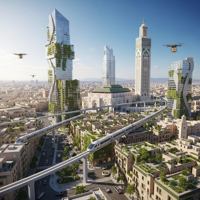 Futuristic Casablanca in 2050: Skyscrapers, Monorail & Moroccan Charm Futuristic Casablanca in 2050: Skyscrapers, Monorail & Moroccan Charm