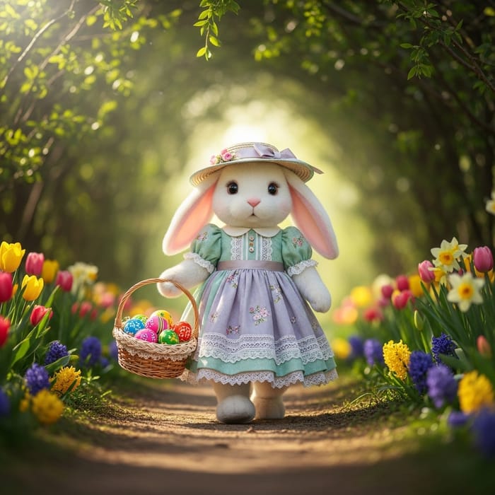 Cheerful Easter Bunny in Zuhair Murad Dress Walking in Sunny Forest Cheerful Easter Bunny in Zuhair Murad Dress Walking in Sunny Forest