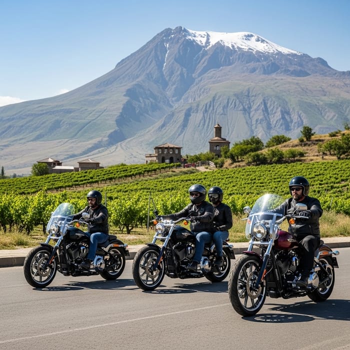 Diverse Bikers on Harley Davidson Breakout 117 Motorcycles in Ararat Mountains Diverse Bikers on Harley Davidson Breakout 117 Motorcycles in Ararat Mountains