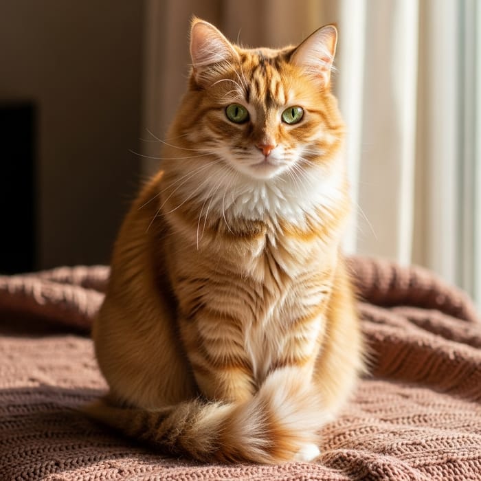 Charming Fluffy Cat Sitting on Warm Knit Blanket