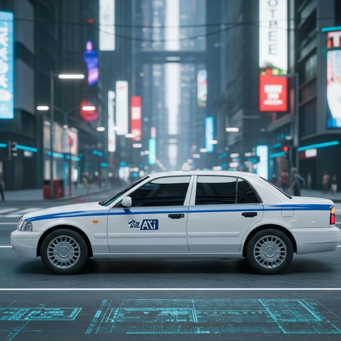 Modern Urban Mobility: Cyber City Taxi Cab in Neon-Lit Landscape Modern Urban Mobility: Cyber City Taxi Cab in Neon-Lit Landscape