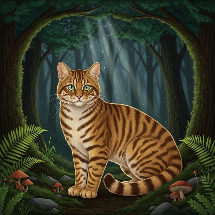 Realistic Golden Cat in Enchanting Dark Forest