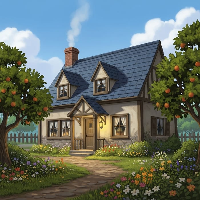 Quaint 18th-Century Countryside Cottage with Gable Roof and Flowers Quaint 18th-Century Countryside Cottage with Gable Roof and Flowers
