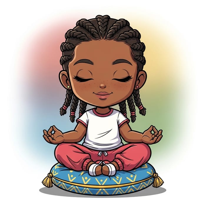 Happy Chibi African American Girl Meditating Happy Chibi African American Girl Meditating
