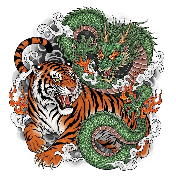 Fierce Tiger and Dragon Tattoo | Illustrated Artwork