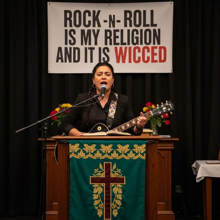Hispanic Female Preacher Rocks Worship with Electric Guitar and 'Rock -n- Roll is my religion' Sign