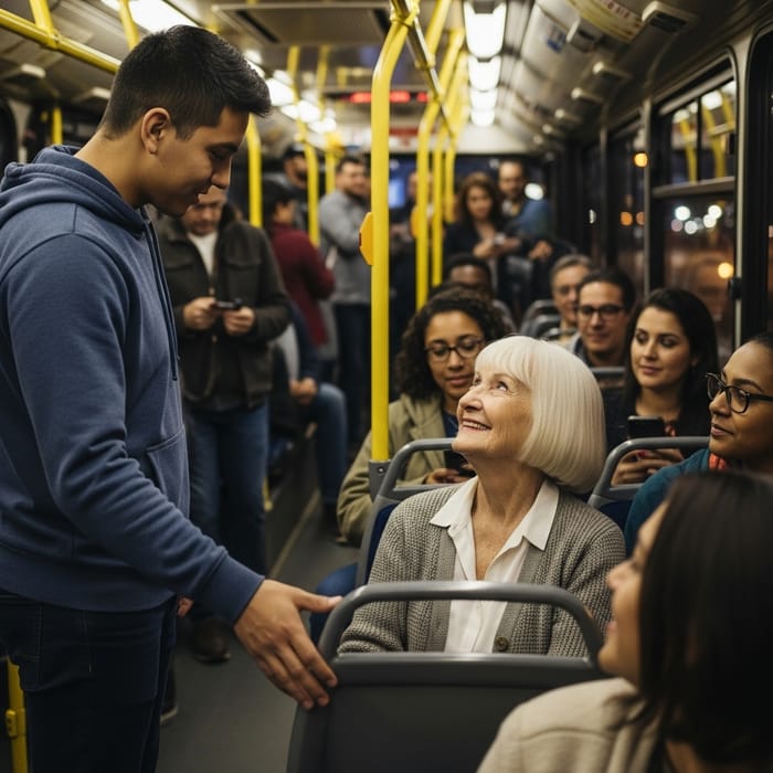 Heartwarming Gesture: Youth Offers Bus Seat to Elderly Lady