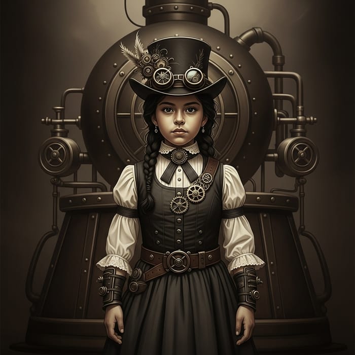 Steampunk Girl in Front of Steam-Powered Machine with Nostalgic Sepia Tone