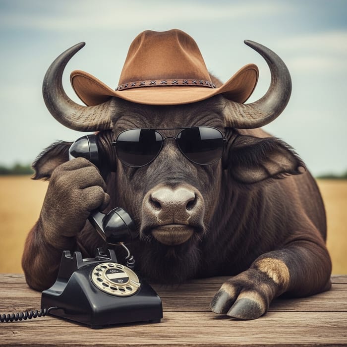 Confident Buffalo with Sunglasses and Cowboy Hat Talking on Vintage Telephone