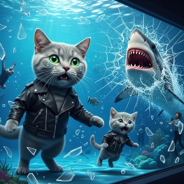 Distressed Gray Cat & Kitten in Aquarium Catastrophe | Desperate Realism Distressed Gray Cat & Kitten in Aquarium Catastrophe | Desperate Realism