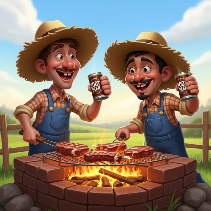 Hillbilly Cartoon Characters Grilling Meat & Drinking Beer