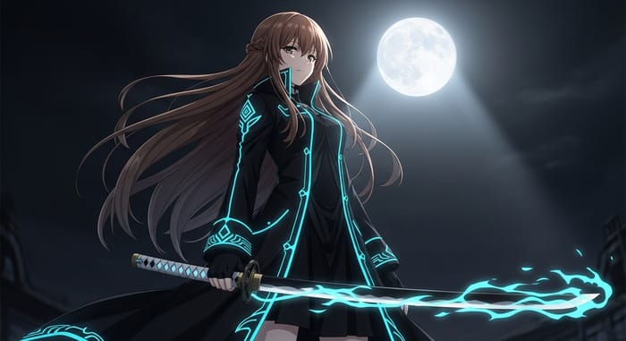 Mysterious Anime Girl with Luminescent Cyan Katana Mysterious Anime Girl with Luminescent Cyan Katana
