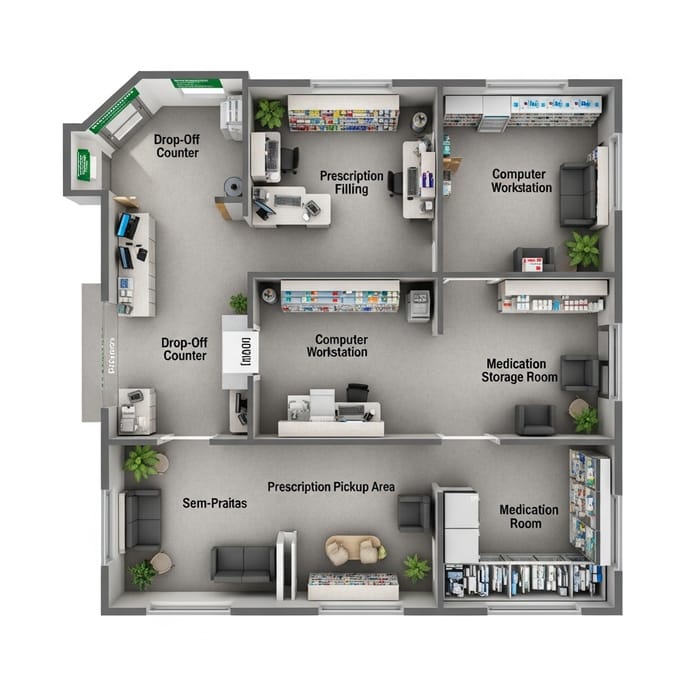Top View of Fully Equipped Pharmacy: Specific Areas Revealed Top View of Fully Equipped Pharmacy: Specific Areas Revealed