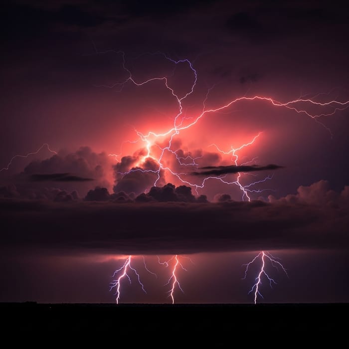 Vivid Red & Blue Lightning in Stormy Sky Vivid Red & Blue Lightning in Stormy Sky