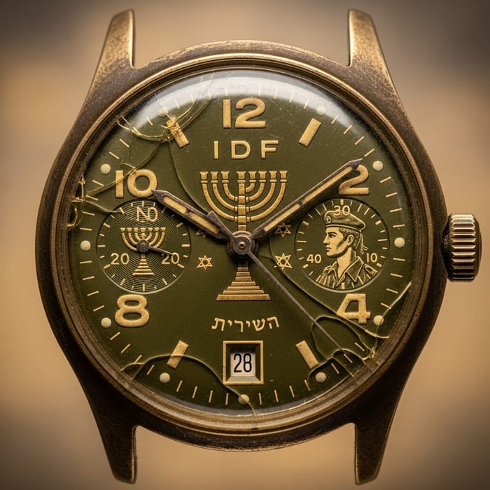 Vintage Israeli Military Watch Face with Menorah Symbol - Forward-Facing Image Vintage Israeli Military Watch Face with Menorah Symbol - Forward-Facing Image