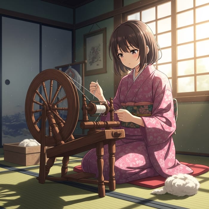 Anime Girl Spinning Wool - Antique Wheel Craft Anime Girl Spinning Wool - Antique Wheel Craft