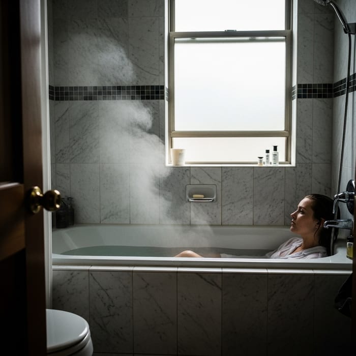 Mystical Serenity in a Marble Bathroom Scene Mystical Serenity in a Marble Bathroom Scene