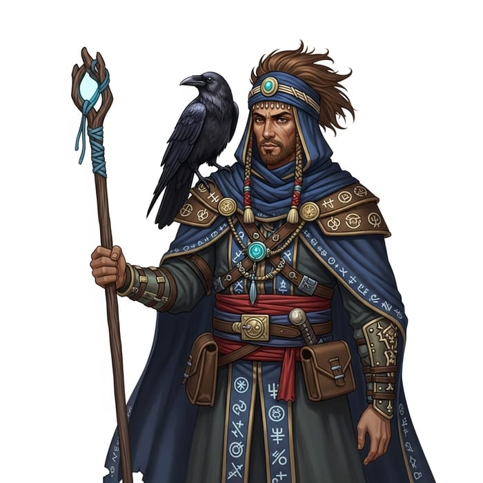 Mystical Mage with Tousled Hair, Raven, and Rustic Staff Mystical Mage with Tousled Hair, Raven, and Rustic Staff