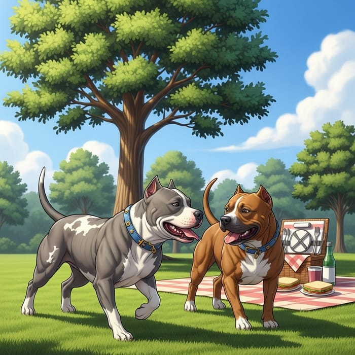 Serene Park Scene with Playful Gray and Brown Pit Bulls Serene Park Scene with Playful Gray and Brown Pit Bulls