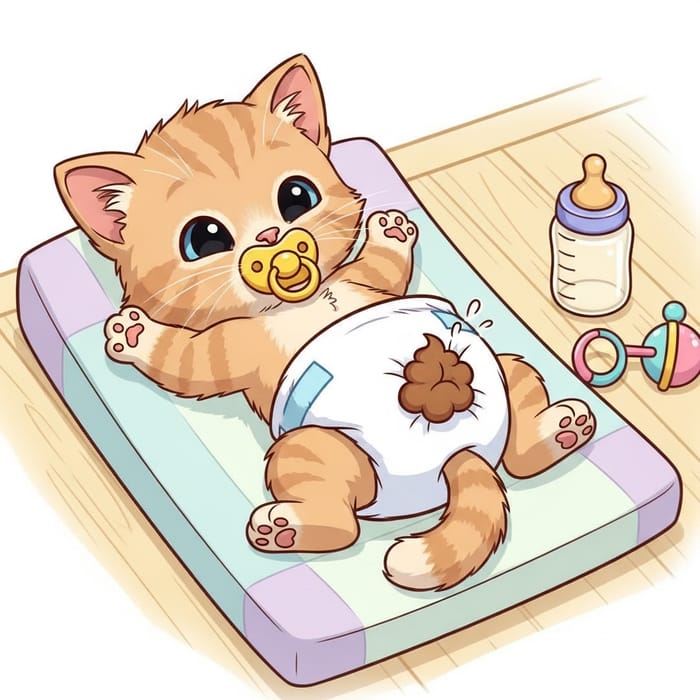 Cute Newborn Kitten in Diapers | Changing Mat for Funny Cartoon Cute Newborn Kitten in Diapers | Changing Mat for Funny Cartoon