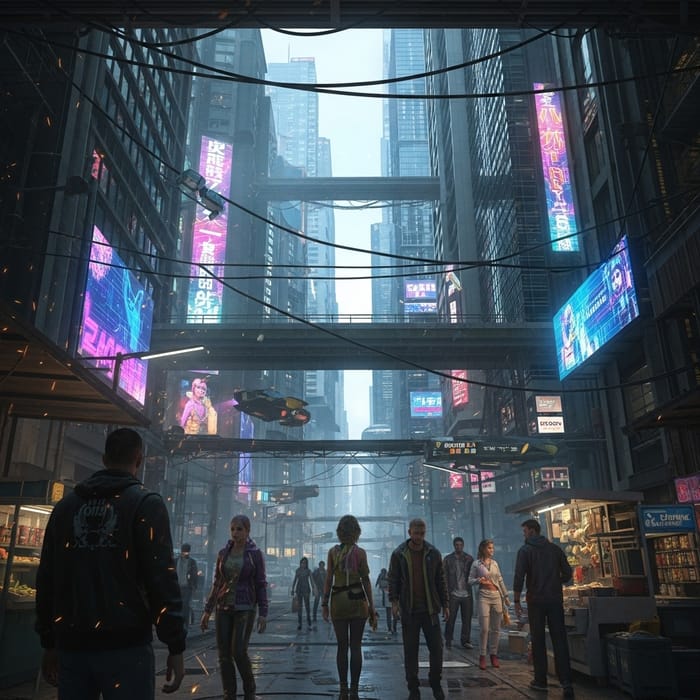 Vibrant Cyberpunk City Scene with Diverse Pedestrians and Futuristic Technology Vibrant Cyberpunk City Scene with Diverse Pedestrians and Futuristic Technology