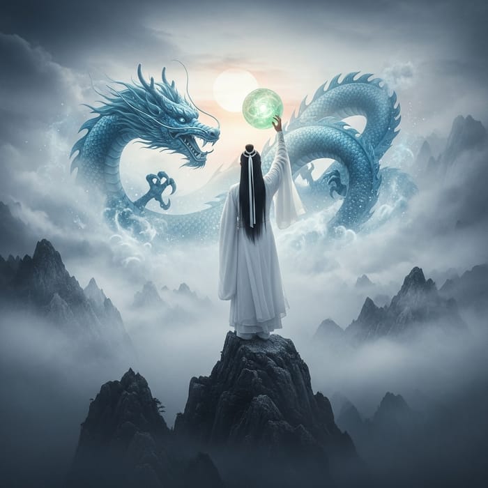Mystical Chinese Man Confronts Dragon on Misty Mountain Peak