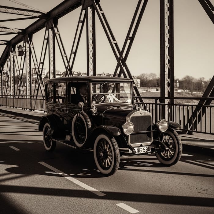 Vintage Car Crossing Historic Bridge - Capturing a Bygone Era Vintage Car Crossing Historic Bridge - Capturing a Bygone Era