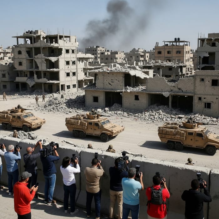 Intense Conflict Zone: Journalists, Bombardment, Armored Vehicles Intense Conflict Zone: Journalists, Bombardment, Armored Vehicles
