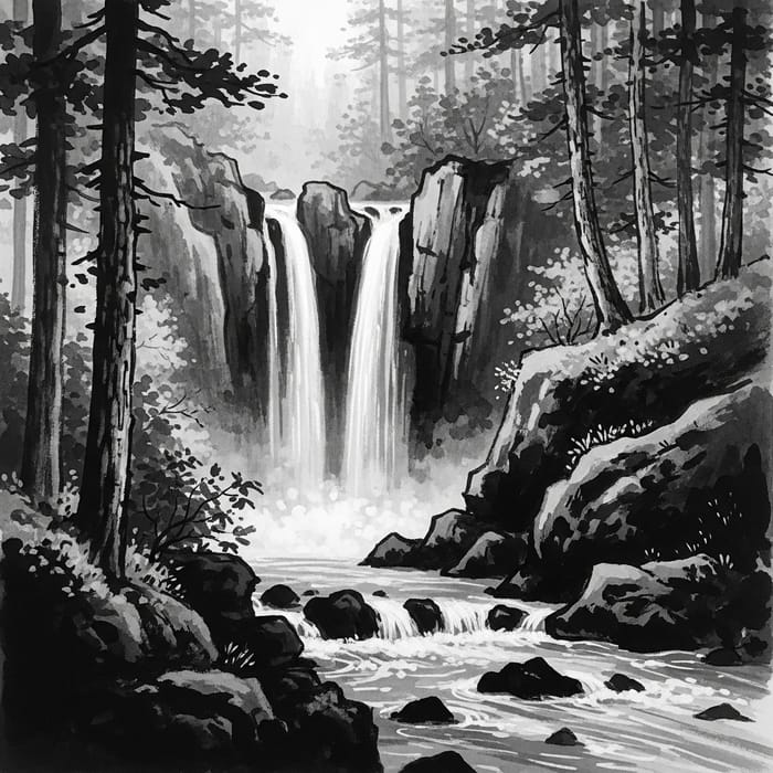 Zen Style Japanese Waterfall Scene Illustration Zen Style Japanese Waterfall Scene Illustration