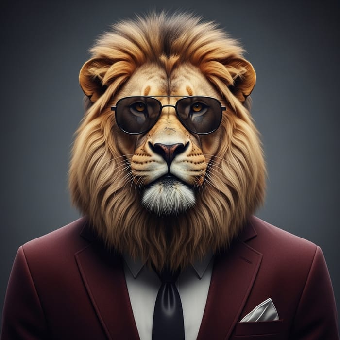 Confident Lion in Maroon Suit - Stylish Roaring Alpha