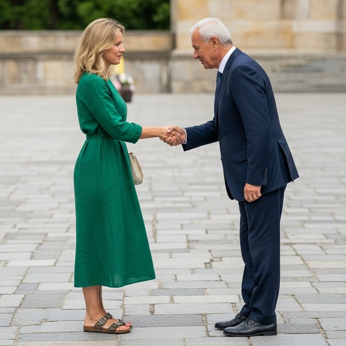 Elegant Greeting: Woman in Green Dress & Stylish Sandals Elegant Greeting: Woman in Green Dress & Stylish Sandals