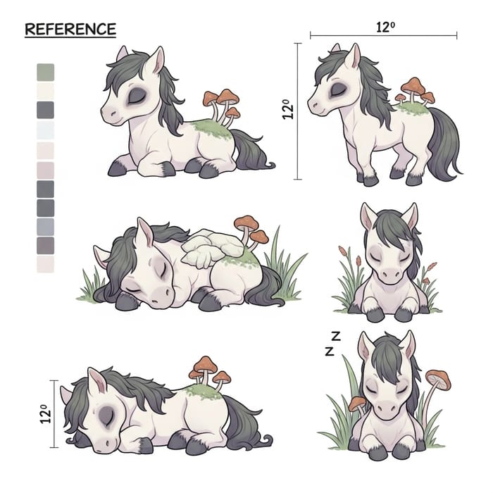 Adorable Chibi-Style Undead Horse Reference Sheet with Pastel Palette