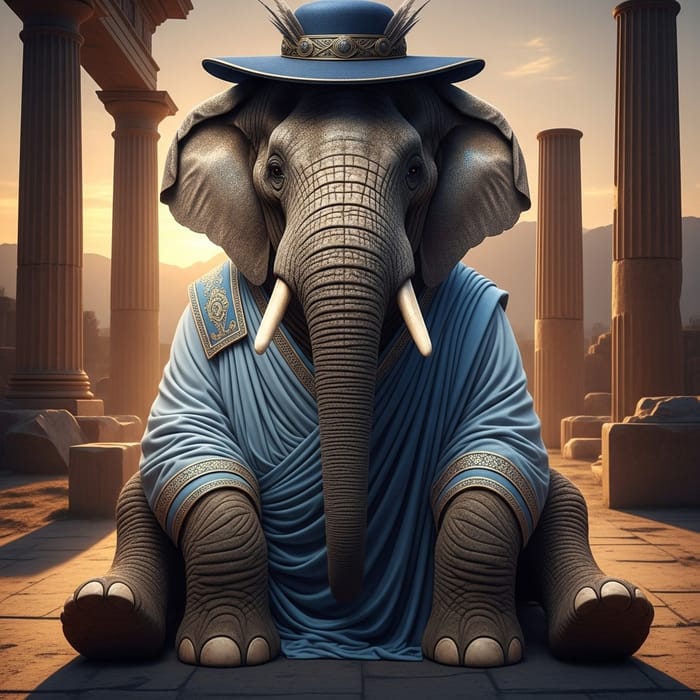 Blue Elephant Sitting in Blue Toga and Hat Blue Elephant Sitting in Blue Toga and Hat