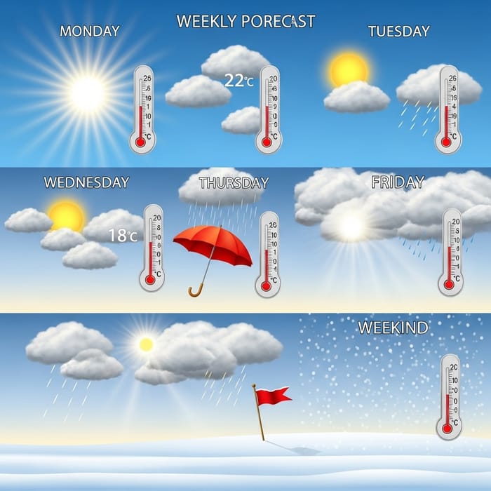 Sunny Start, Passing Shower Midweek, Cloudy Thursday-Friday, Snowy Weekend - 22°C to 15°C Sunny Start, Passing Shower Midweek, Cloudy Thursday-Friday, Snowy Weekend - 22°C to 15°C