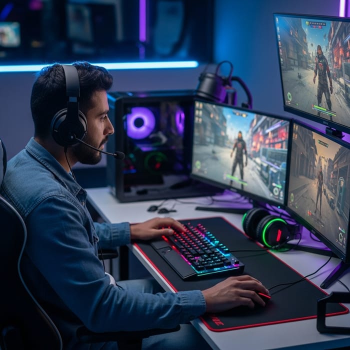 Middle-Eastern Gamer in High-Tech Setup