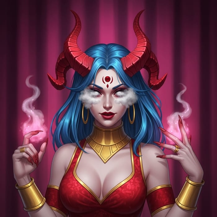 Enigmatic Demon Girl with Blue Hair, Red Horns, and Cloudy Eyes Enigmatic Demon Girl with Blue Hair, Red Horns, and Cloudy Eyes