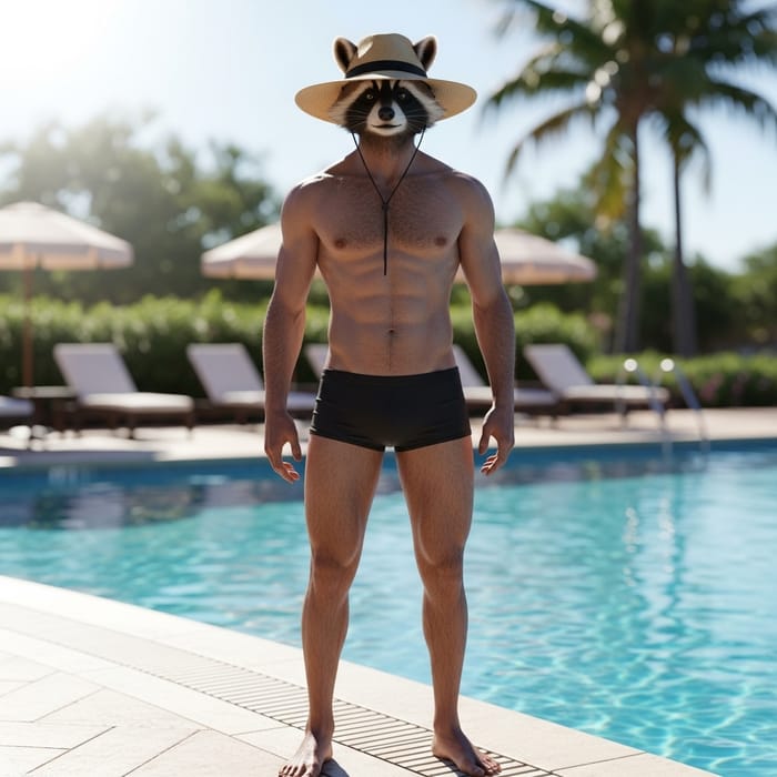 Male Raccoon Demi-Human in Underwear by Poolside Male Raccoon Demi-Human in Underwear by Poolside