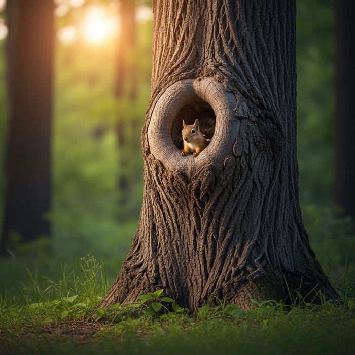 Majestic Tree with Squirrel in Hollow | Enchanting Forest Scene