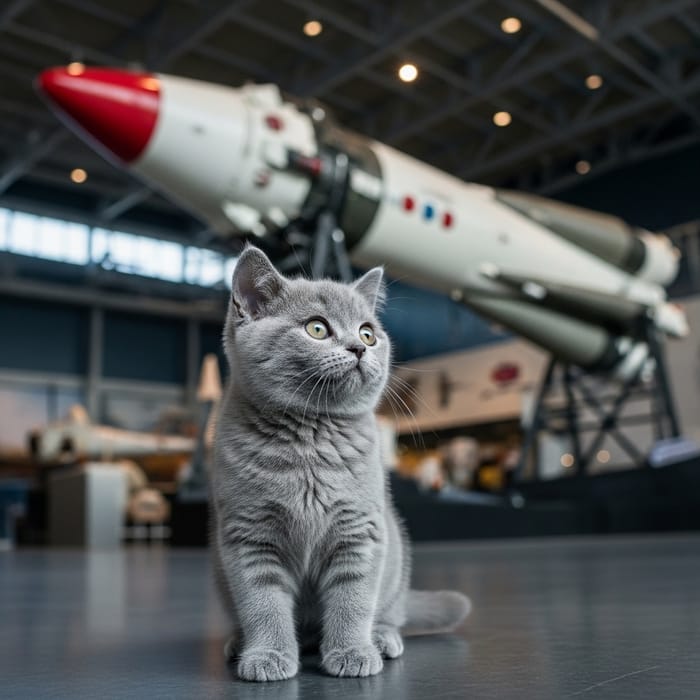 Plush Grey Kitten Admiring Real-life Rocket in Space Museum