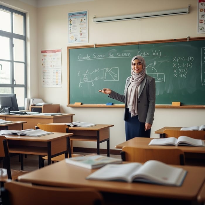 Veiled Teacher in Classroom with Whiteboard Veiled Teacher in Classroom with Whiteboard